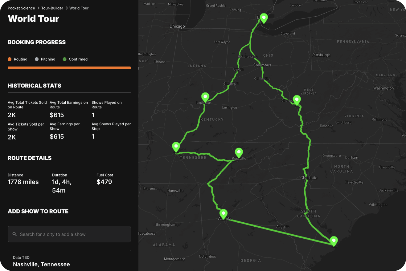 Screenshot of Route Builder interface showing list of routed cities, artist stats for each, and map.